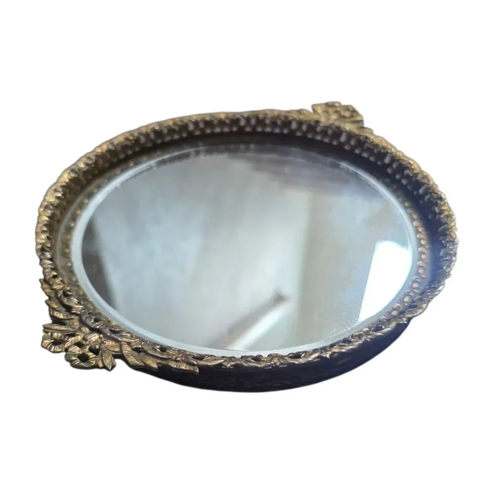 Vintage French Louis XV Style Gilt Bronze Metal Mirror Bow Edge 1970s Small 7